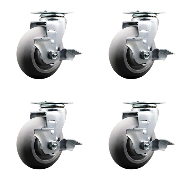 5 Inch Thermoplastic Rubber Swivel Caster Set with Ball Bearings and Brakes